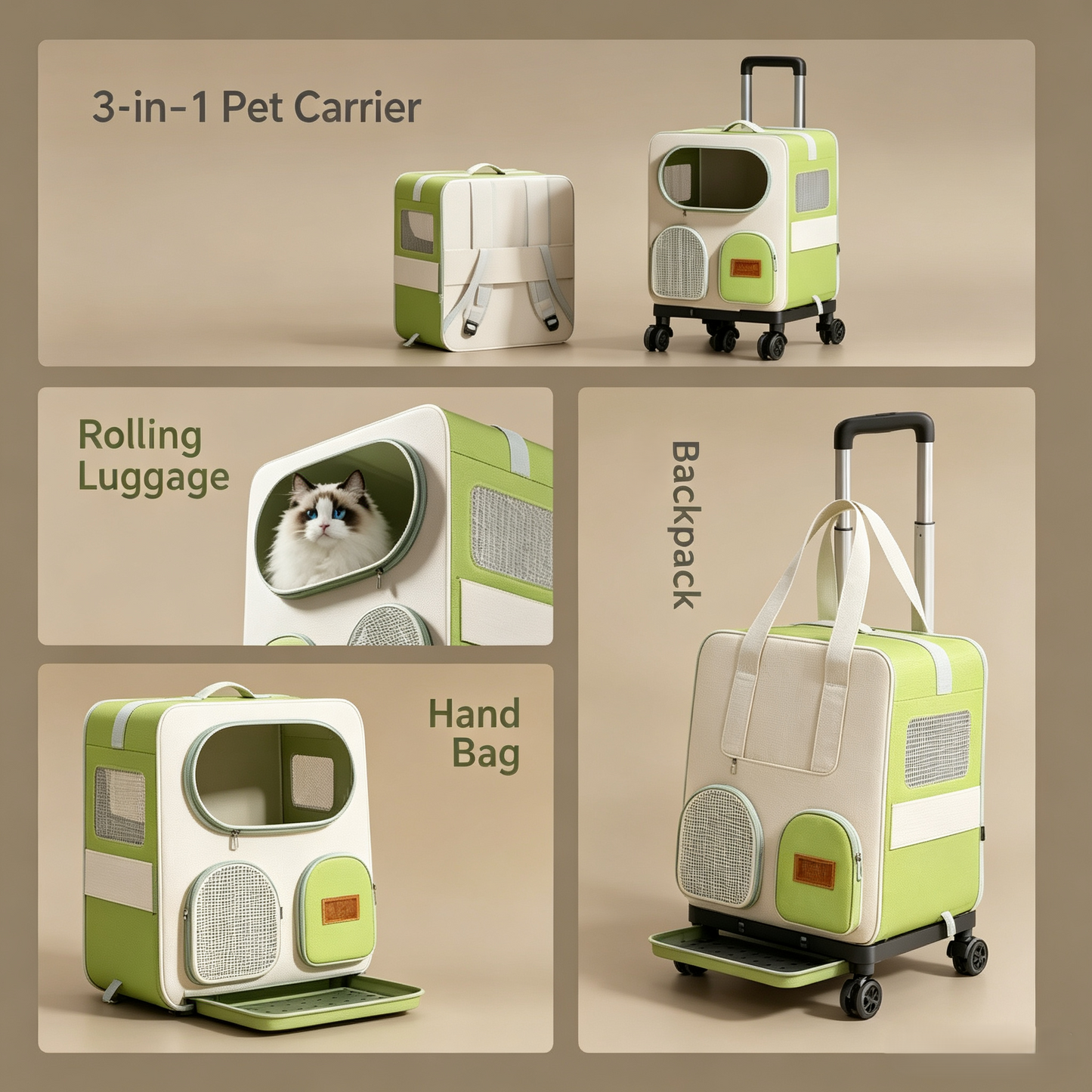 3‑in‑1 Pet Travel Carrier, Convertible Cat Backpack Tote with Removable Wheel Trolley Base, Ventilated Large Space Pet Carrier for Small Cats & Dogs