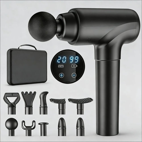 Deep Tissue Massage Gun for Athletes - Quiet Percussion Massager, 10 Heads, Black