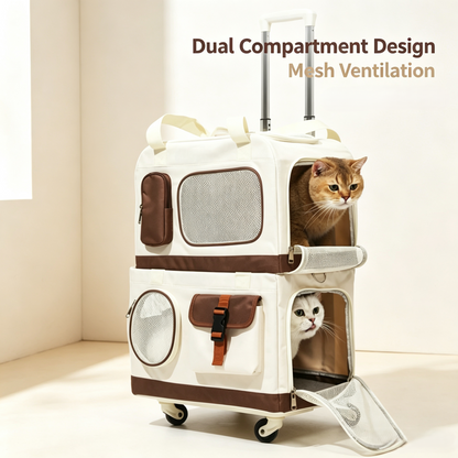 Double‑Deck Pet Rolling Carrier, 2‑Tier Separate Compartment Cat Travel Bag with Wheels &amp; Telescopic Handle, Ventilated Pet Trolley for 2 Small Pets