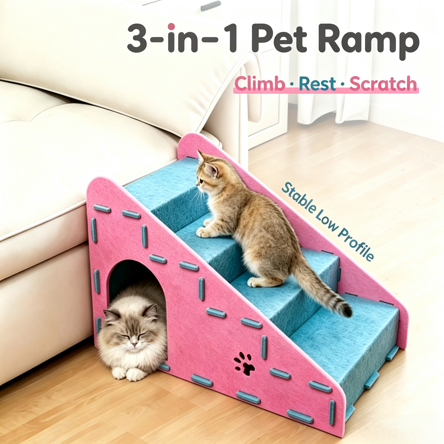 Felt Pet Stairs for Cats &amp; Small Dogs, 4‑Step Pet Ramp with Hidden Cave House for Bed &amp; Sofa Access