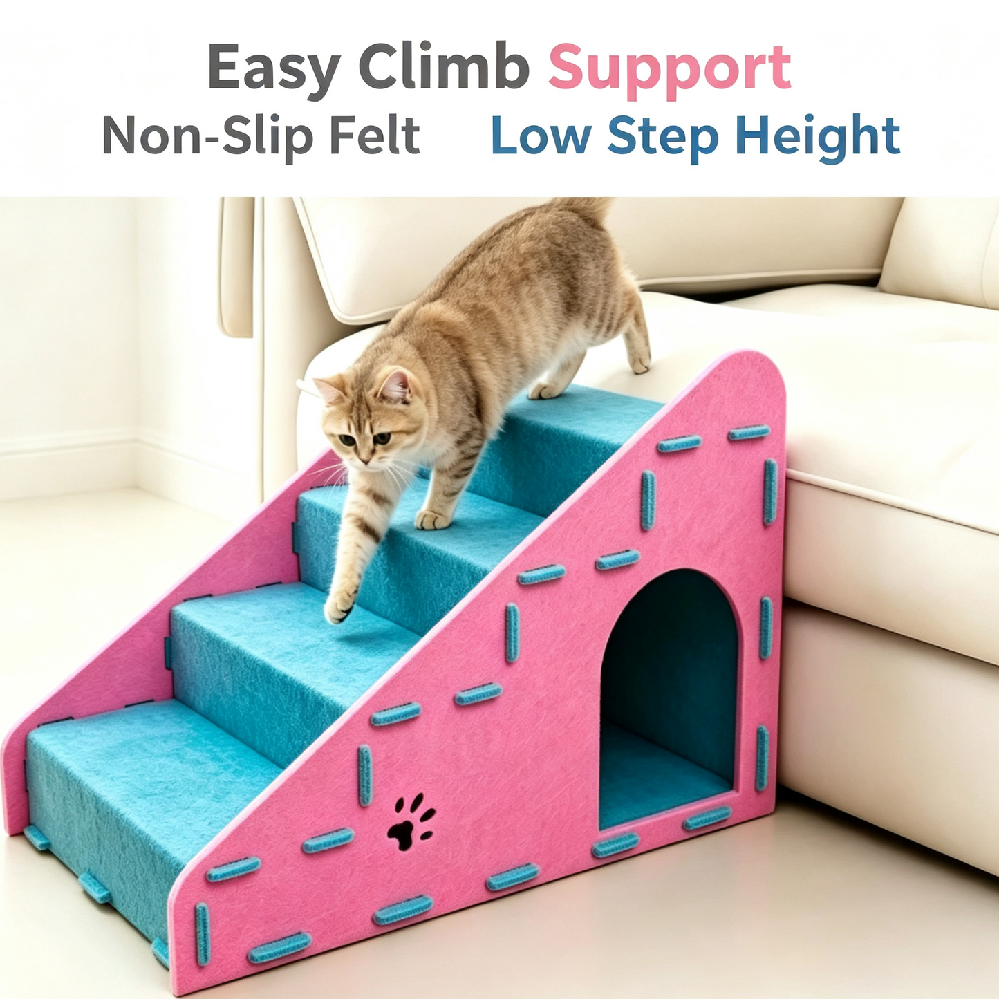 Felt Pet Stairs for Cats &amp; Small Dogs, 4‑Step Pet Ramp with Hidden Cave House for Bed &amp; Sofa Access