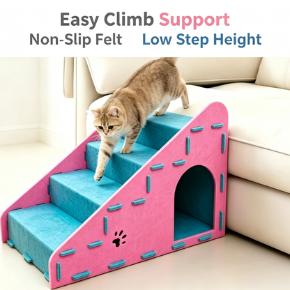 Felt Pet Stairs for Cats &amp; Small Dogs, 4‑Step Pet Ramp with Hidden Cave House for Bed &amp; Sofa Access