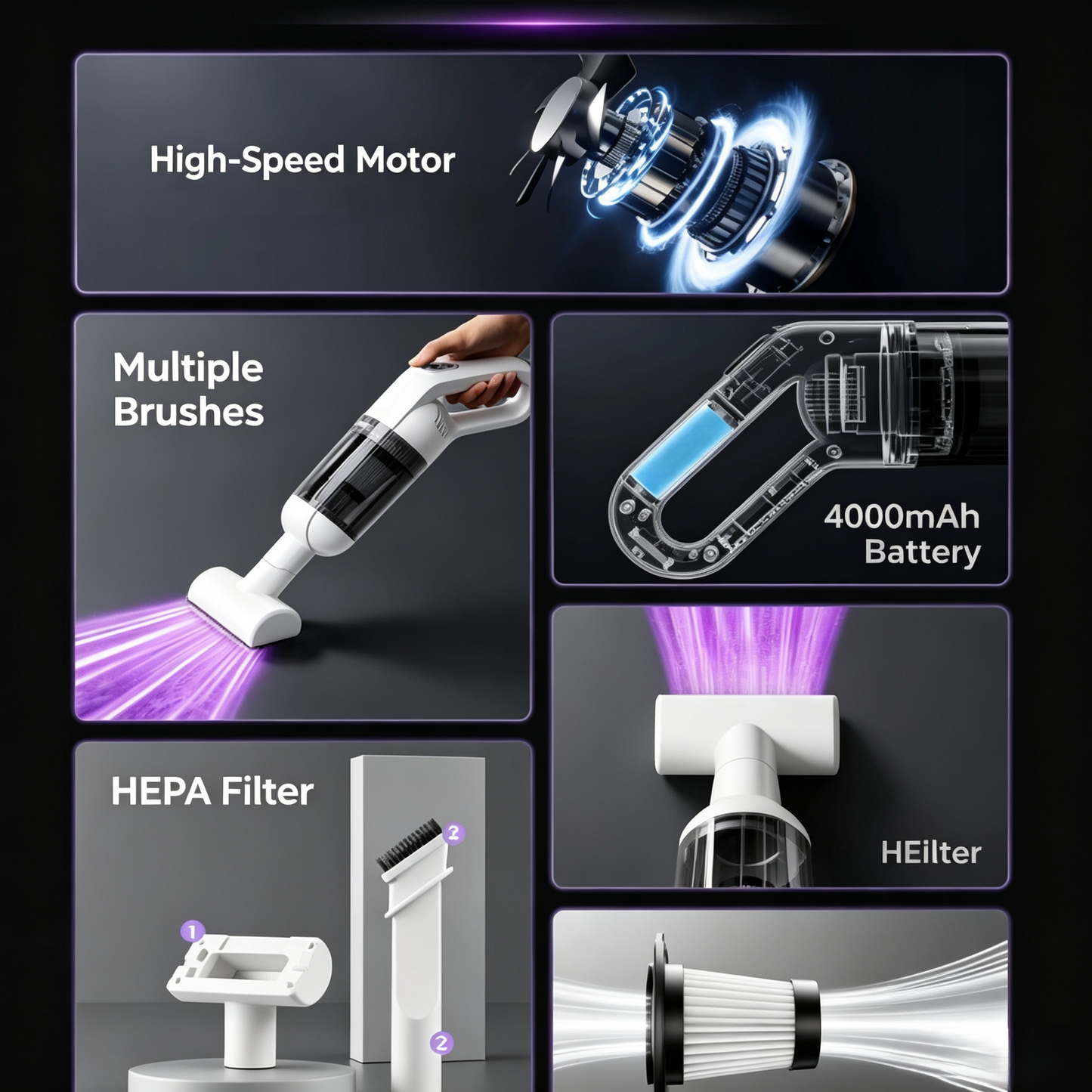 Cordless Handheld Vacuum Cleaner, Portable Rechargeable Pet Hair Vacuum for Home &amp; Car Cleaning, Low‑Noise Hand Vac with Multiple Attachments