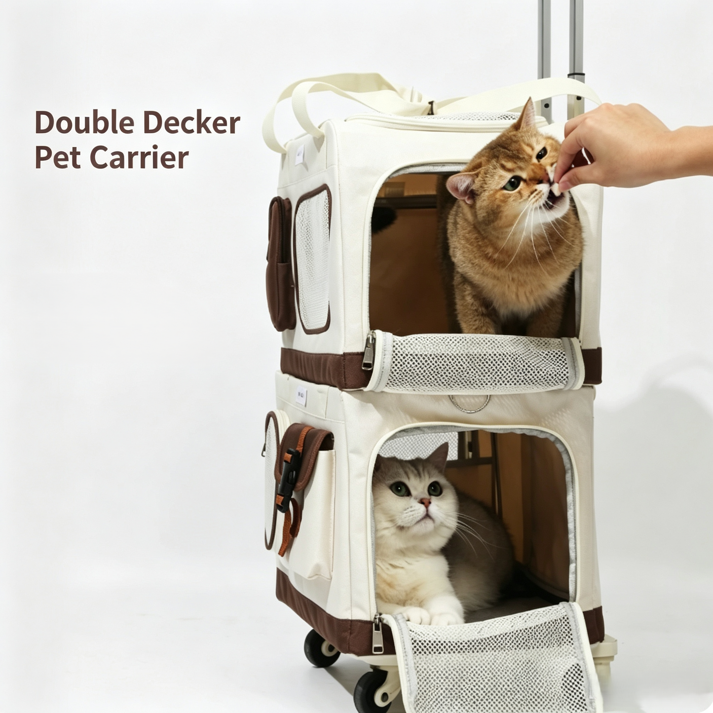 Double‑Deck Pet Rolling Carrier, 2‑Tier Separate Compartment Cat Travel Bag with Wheels &amp; Telescopic Handle, Ventilated Pet Trolley for 2 Small Pets