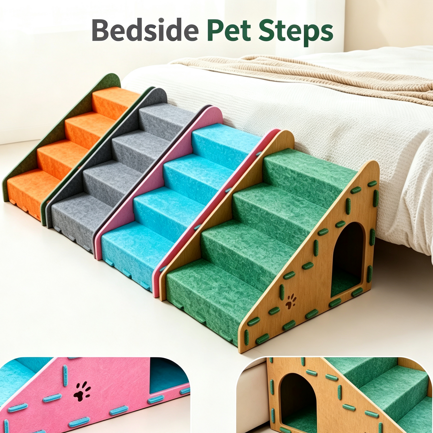 Felt Pet Stairs for Cats &amp; Small Dogs, 4‑Step Pet Ramp with Hidden Cave House for Bed &amp; Sofa Access