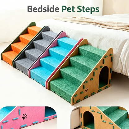 Felt Pet Stairs for Cats &amp; Small Dogs, 4‑Step Pet Ramp with Hidden Cave House for Bed &amp; Sofa Access