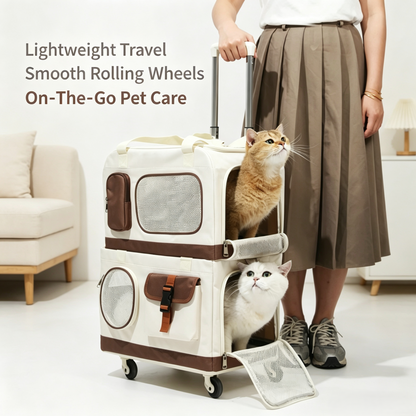 Double‑Deck Pet Rolling Carrier, 2‑Tier Separate Compartment Cat Travel Bag with Wheels &amp; Telescopic Handle, Ventilated Pet Trolley for 2 Small Pets