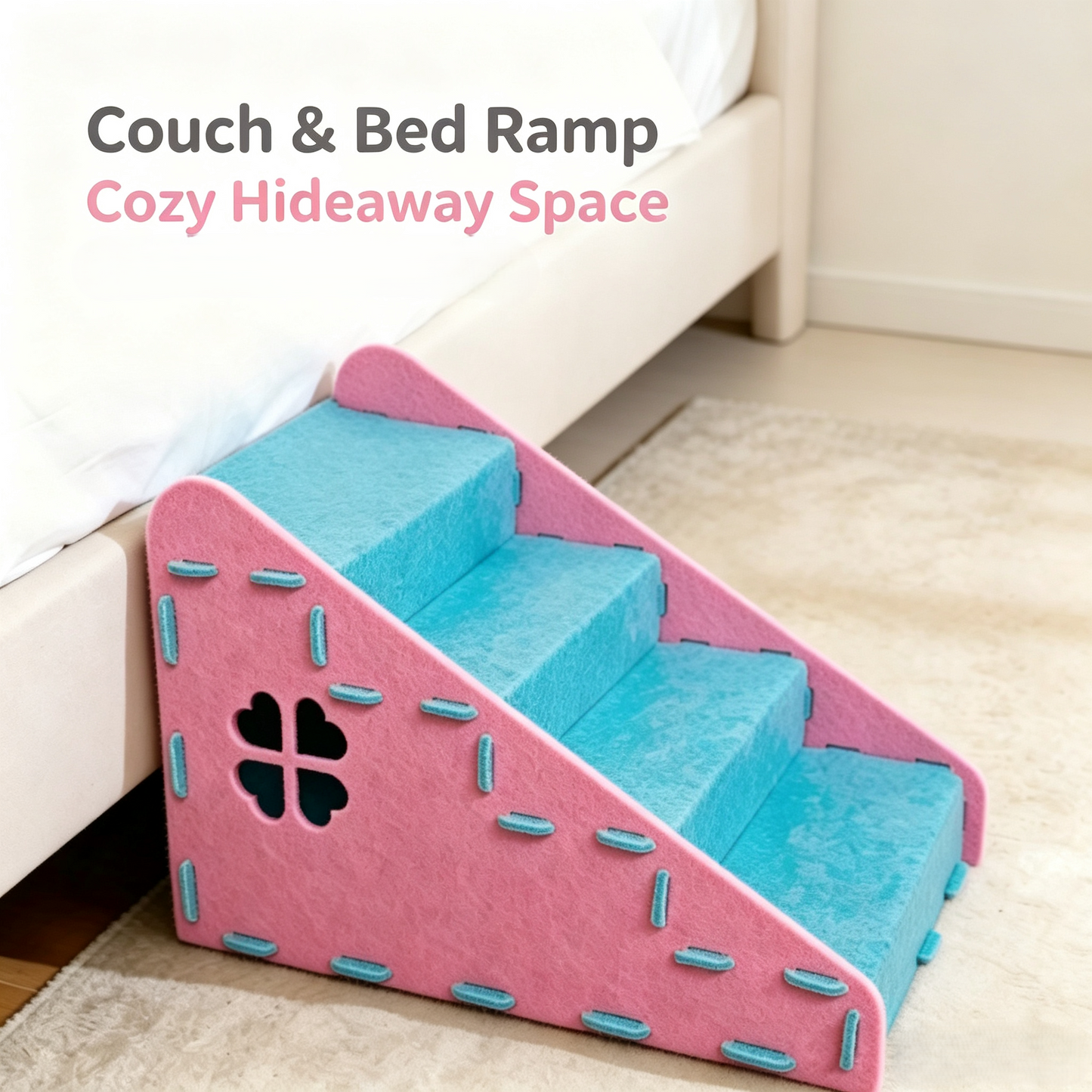 Felt Pet Stairs for Cats &amp; Small Dogs, 4‑Step Pet Ramp with Hidden Cave House for Bed &amp; Sofa Access