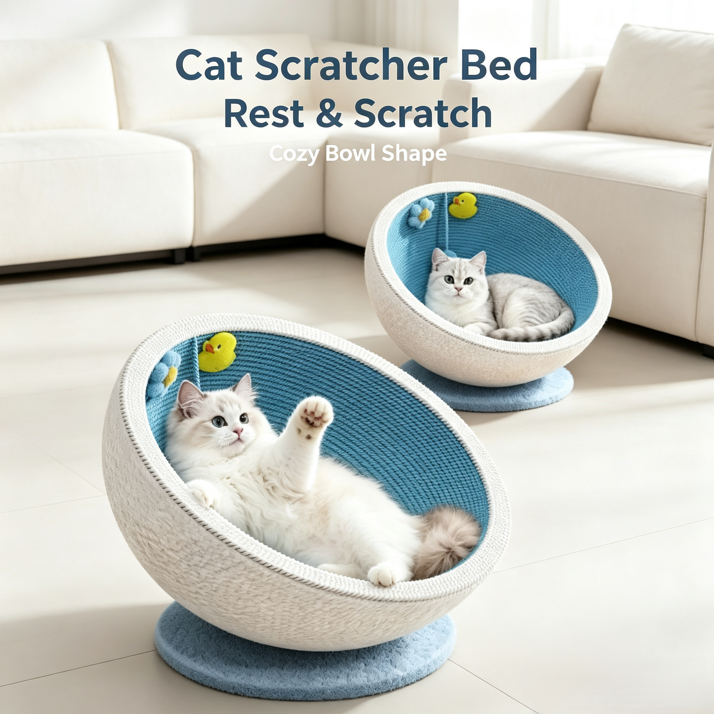 Bowl Shaped Paper Rope Cat Scratcher Bed, Stable Wide Base Cat Nest with Hanging Toy for Indoor Cats