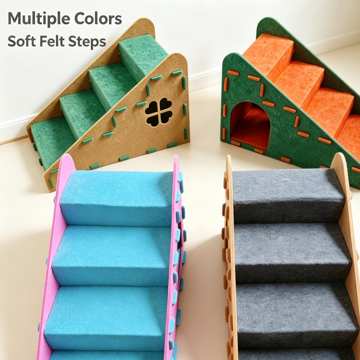 Felt Pet Stairs for Cats &amp; Small Dogs, 4‑Step Pet Ramp with Hidden Cave House for Bed &amp; Sofa Access