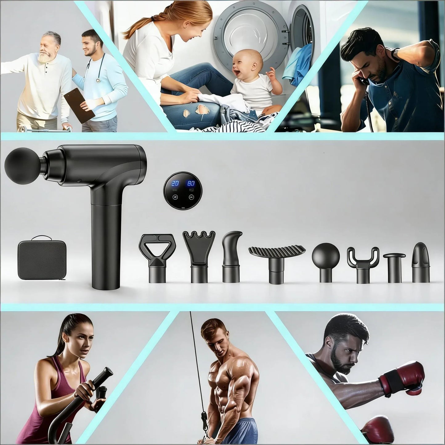 Deep Tissue Massage Gun for Athletes - Quiet Percussion Massager, 10 Heads, Black